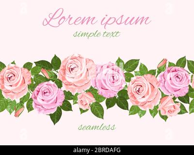 Pink and beige roses seamless vector floral design with place for text for save the date, rsvp, thank you and greeting cards Stock Vector