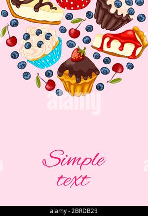 Cupcake and muffins vector restaurant or cafe menu design, promo card cartoon style. Flyer template with berries and cheesecake. Stock Vector