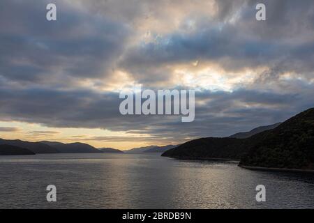 Sunrise in Queen Charlotte Sound from the Cook Strait Ferry, Marlborough Sounds, Marlborough, South island, New Zealand Stock Photo