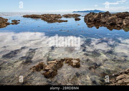 Pukerua Bay and Kapiti Island, Porirua, Wellington Region, Kapiti Coast, NorthIsland, New Zealand Stock Photo