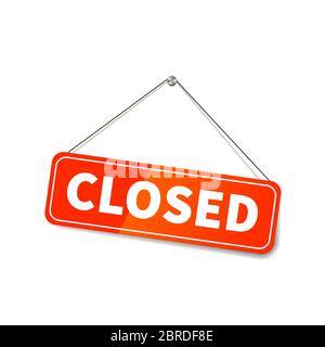 Bright glossy Closed plate hanging on the rope for shop door on white Stock Vector