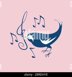 Cute Singing Black Bird with Music Notation Stock Vector