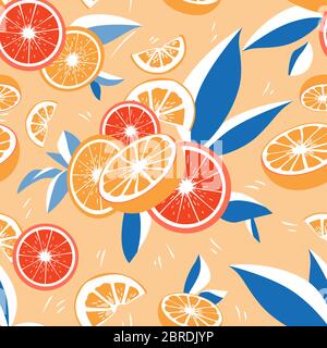 Orange Citrus Fruits Fresh Explosion Seamless Pattern Stock Vector