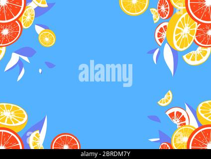 Yellow horizontal vector frame with fresh citrus fruit images for summer. Stock Vector