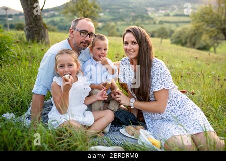 Young family with two small children on meadow outdoors, having picnic. Stock Photo