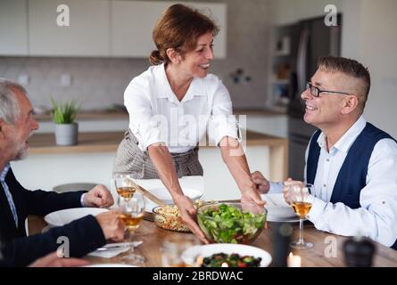 Group of senior friends at dinner party at home. Stock Photo
