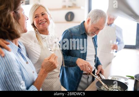 Group of senior friends at dinner party at home, cooking. Stock Photo