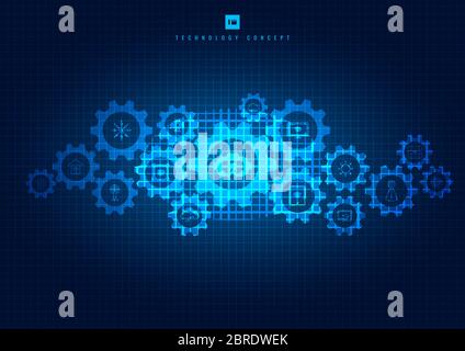 Abstract integrated gears and icons technology mechanism on glowing blue background. You can use for digital media, internet, network, connect, commun Stock Vector