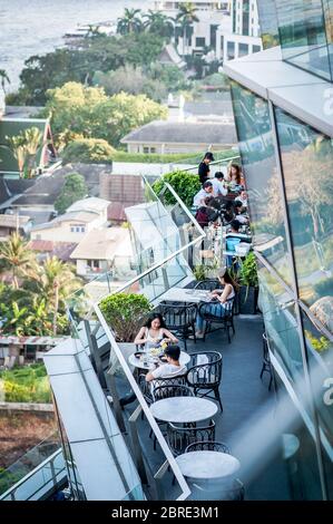 Guests at a restaurant on the balcony of Iconsiam Shopping Bangkok Thailand. Stock Photo