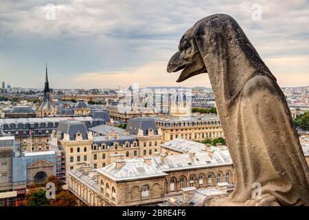 Chimera (gargoyle) of the Cathedral of Notre Dame de Paris overlooking Paris, France Stock Photo