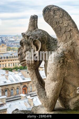 Chimera (gargoyle) of the Cathedral of Notre Dame de Paris overlooking Paris, France Stock Photo