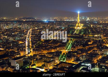 PARIS - SEPTEMBER 24, 2013: View of Paris with the Eiffel Tower from the Montparnasse Tower at night.