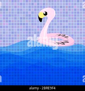 Inflatable Pink Flamingo Toy on Colored Square Background. Swimming Pool Ring for Kids. Rubber Tropical Bird Shape Stock Vector