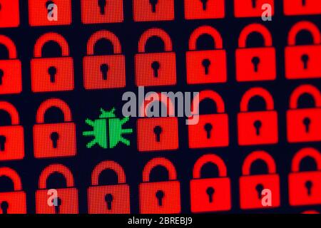 Bug As A Symbol Of Malware And A Trojan Virus In The Program Code Hacking And Theft Of Personal Information And Data Blue Pixel Locks And Red Bug On A Black Background