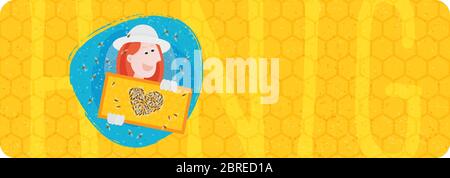 Label for beekeeper, for honey products woman with beekeeping hat and gloves, holding honeycomb. Bees making heart. Text in german honig, in english h Stock Vector