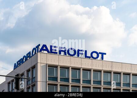 Berlin, Germany - July 28, 2019: Aeroflot sign in Berlin. Aeroflot is the largest airline of the Russian Federation Stock Photo