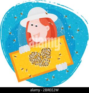 Bees making heart. Woman with beekeeping hat and gloves, holding honeycomb. Stock Vector