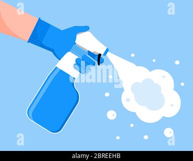 Disinfection concept vector for app, web, landing page. Human in gloves holding bottle of antiseptic spray. Hand sanitizer bottle, antiseptic gel are Stock Vector