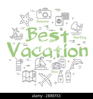 Green text Best Vacation with linear summer time icons Stock Vector