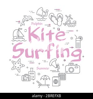 Pink text Kite Surfing with linear summer time icons Stock Vector