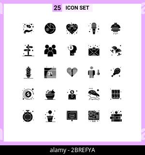 Group of 25 Modern Solid Glyphs Set for space, news, heart, microphone, present Editable Vector Design Elements Stock Vector
