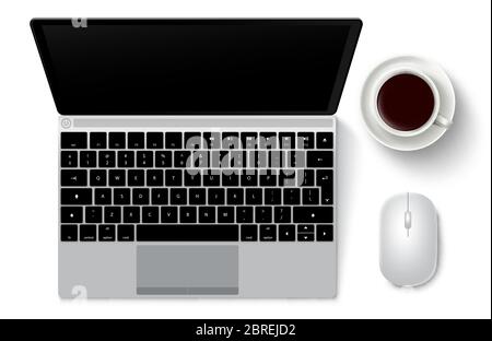 Laptop computer and mouse vector set. Laptop computer or notebook in top view 3D realistic looks with mouse and coffee isolated in white. Stock Vector