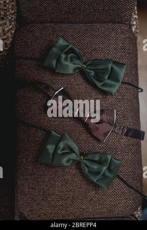 Three bow ties in brown and dark green color on textile background Stock Photo