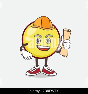 An illustration of Yellow Ball Emoticon architect cartoon mascot character having blueprints and yellow helmet Stock Vector