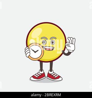 An illustration of Yellow Ball Emoticon cartoon mascot character holding a clock Stock Vector