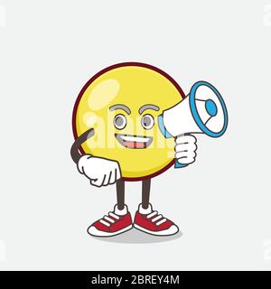 An illustration of Yellow Ball Emoticon cartoon mascot character holding a megaphone Stock Vector