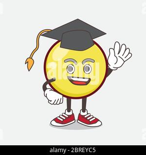 An illustration of Yellow Ball Emoticon cartoon mascot character in a black Graduation hat Stock Vector