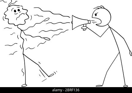 Vector cartoon stick figure drawing conceptual illustration of man, politician or businessman using loudspeaker or megaphone to shout on another man. Stock Vector