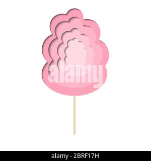 Cotton candy vector paper cut illustration. Pink sweets on wooden stick. Yummy treat for children offered in amusement or theme park. Layered paper art with shadows. Realistic minmal layout template Stock Vector