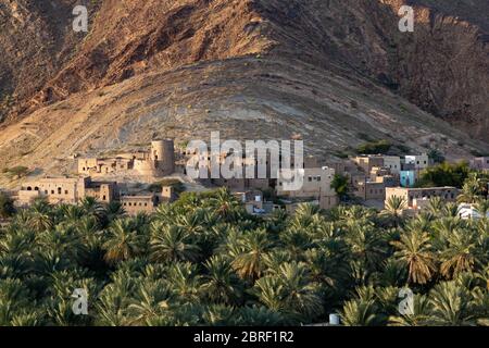 View at ruins of abandoned Birkat al Mawz, Oman, in front of mountain, date palms in front Stock Photo