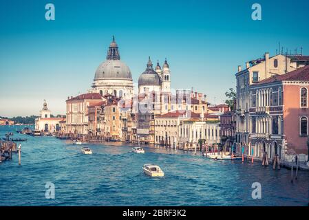 Grand Canal, Venice, Italy. It is one of the main tourist attractions in Venice. Nice panoramic view of the major street of Venice with motor boats. R Stock Photo
