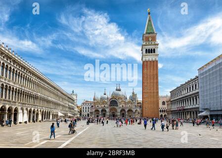 Venice, Italy - May 20, 2017: Piazza San Marco, or St Mark's Square. Basilica and Campanile di San Marco in the center. This is the main square of Ven Stock Photo