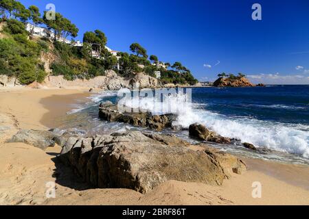 Sandy cove at Platja d'Aro on the Costa Brava coast, Catalonia, Spain. Stock Photo