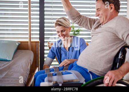 A healthcare worker and senior patient in wheelchair, physiotherapy. Stock Photo