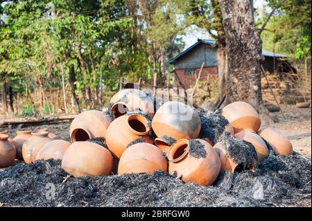 Pit fired clay pots. Kampong Chhnang Province, Cambodia, Southeast Asia Stock Photo