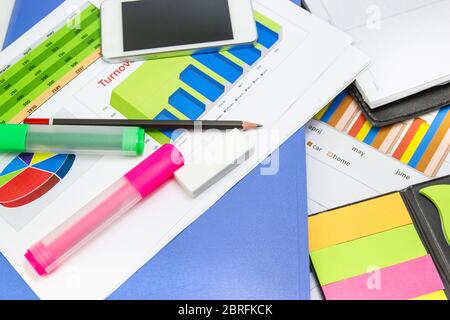 pencil, Blue folder, graph sheet, Color highlight pen on white background isolated, concept Office equipment Stock Photo