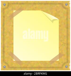 Yellow Square Paper. Brown Cork Board Texture. Wood Pattern. Empty Notice Billboard. Office Banner Stock Vector