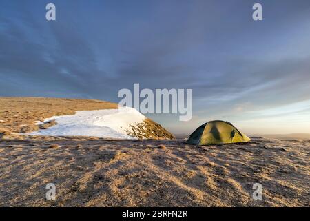 Wild Camping on a Frosty Winter Morning, Helvellyn Range, Lake District, Cumbria, UK Stock Photo