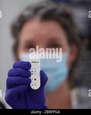 Katy Peters, of the London Vaccination Clinic, holding a client's positive result for a rapid antibody fingertip test for the detection of COVID-19, in Notting Hill, London, as the UK continues in lockdown to help curb the spread of the coronavirus. Stock Photo