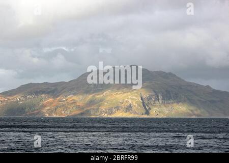 Views from ferry in sound of Mull looking towards Ben Hiant on Ardnamurchan peninsula, Scotland Stock Photo