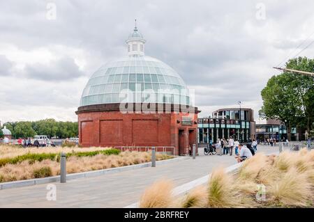 The Greenwich Foot Tunnel crosses beneath the River Thames in East London, linking Greenwich on the south bank with Millwall on the north. Stock Photo