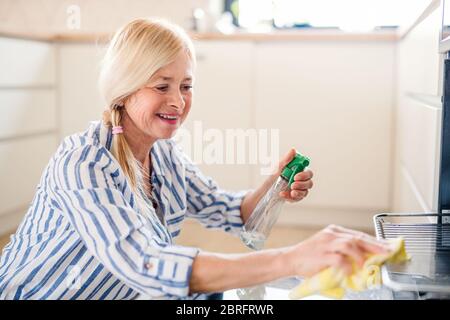 Portrait of senior woman cleaning oven in kitchen indoors at home. Stock Photo