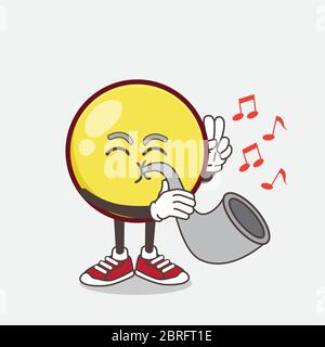 An illustration of Yellow Emoticon cartoon mascot character playing music with trumpet Stock Vector