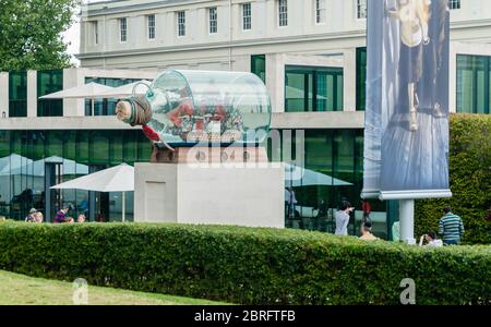 Lord Nelson's HMS Victory ship in a bottle outside the Sammy Ofer Wing, National Maritime Museum, in Greenwich, London, United Kingdom. Stock Photo