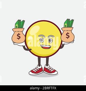 An illustration of Yellow Emoticon cartoon mascot character with money on hands Stock Vector