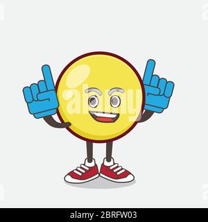 An illustration of Yellow Emoticon cartoon mascot character holding two Foam finger Stock Vector